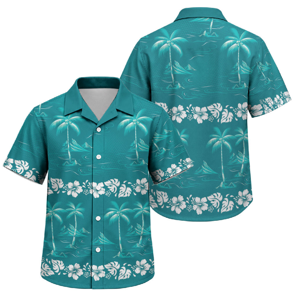 Cyan Hawaii Palm Tree Hibiscus Family Matching Off The Shoulder Long Sleeve Dress and Hawaiian Shirt Fantasy Summer Vibe