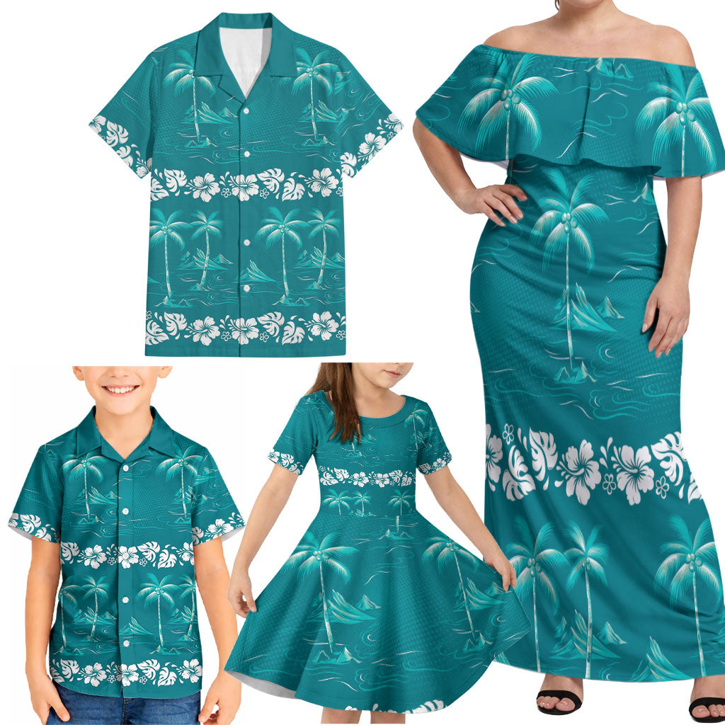 Cyan Hawaii Palm Tree Hibiscus Family Matching Off Shoulder Maxi Dress and Hawaiian Shirt Fantasy Summer Vibe