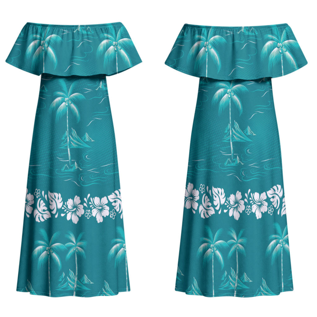 Cyan Hawaii Palm Tree Hibiscus Family Matching Off Shoulder Maxi Dress and Hawaiian Shirt Fantasy Summer Vibe
