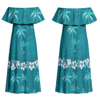 Cyan Hawaii Palm Tree Hibiscus Family Matching Off Shoulder Maxi Dress and Hawaiian Shirt Fantasy Summer Vibe
