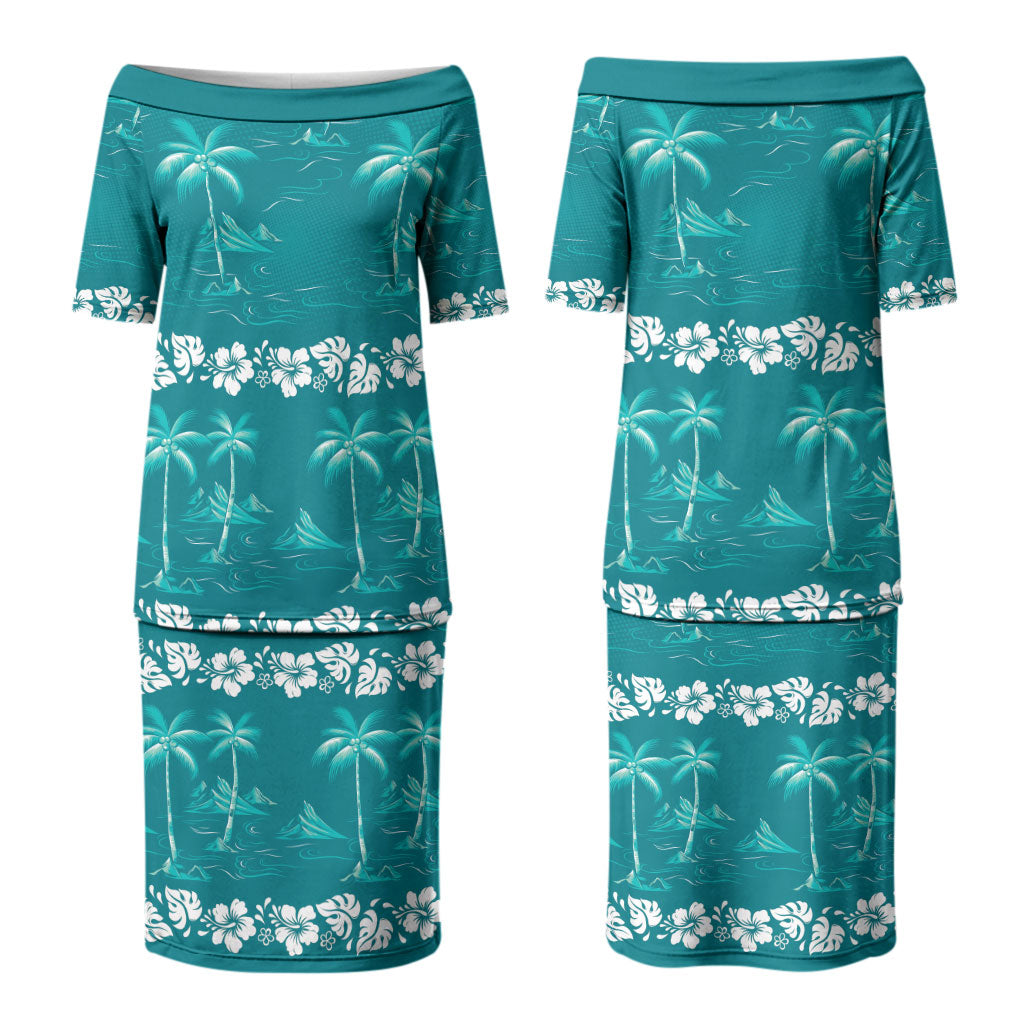 Cyan Hawaii Palm Tree Hibiscus Family Matching Puletasi and Hawaiian Shirt Fantasy Summer Vibe