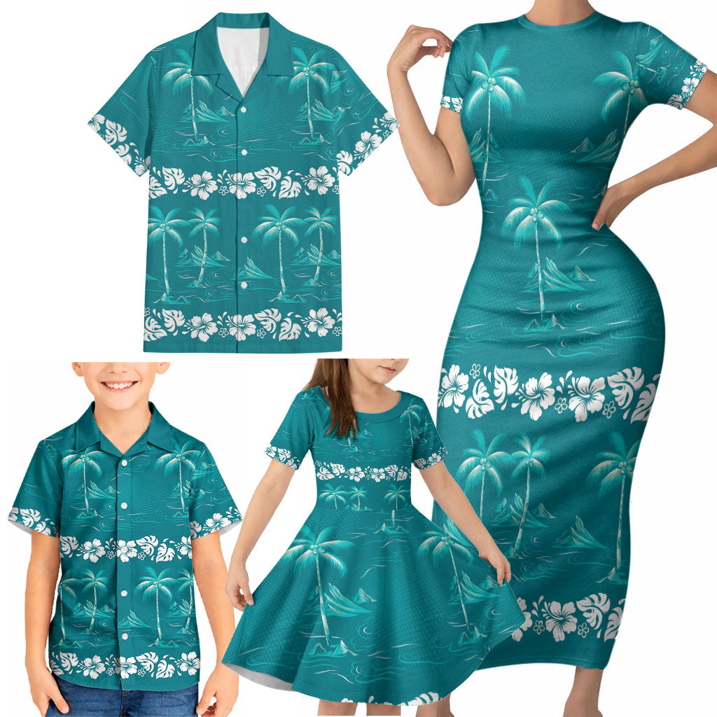Cyan Hawaii Palm Tree Hibiscus Family Matching Short Sleeve Bodycon Dress and Hawaiian Shirt Fantasy Summer Vibe