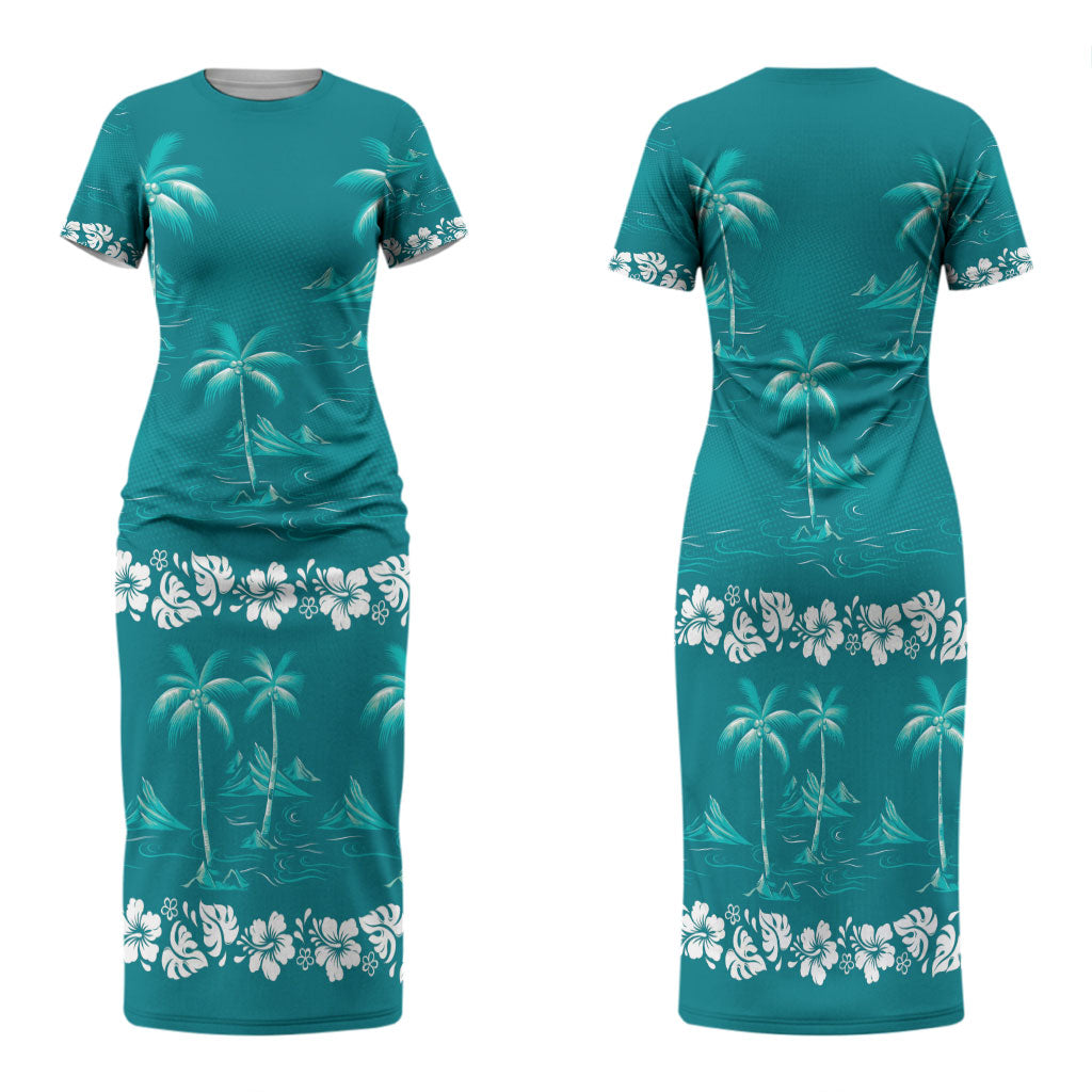 Cyan Hawaii Palm Tree Hibiscus Family Matching Short Sleeve Bodycon Dress and Hawaiian Shirt Fantasy Summer Vibe