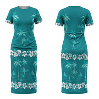 Cyan Hawaii Palm Tree Hibiscus Family Matching Short Sleeve Bodycon Dress and Hawaiian Shirt Fantasy Summer Vibe