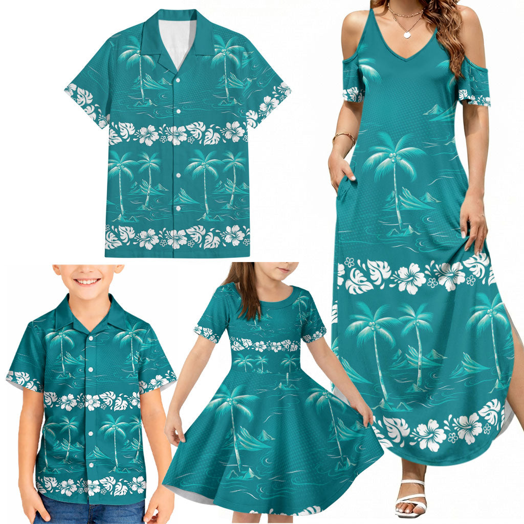 Cyan Hawaii Palm Tree Hibiscus Family Matching Summer Maxi Dress and Hawaiian Shirt Fantasy Summer Vibe