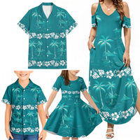 Cyan Hawaii Palm Tree Hibiscus Family Matching Summer Maxi Dress and Hawaiian Shirt Fantasy Summer Vibe
