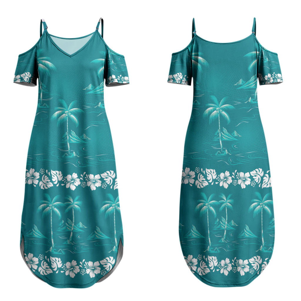 Cyan Hawaii Palm Tree Hibiscus Family Matching Summer Maxi Dress and Hawaiian Shirt Fantasy Summer Vibe