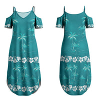 Cyan Hawaii Palm Tree Hibiscus Family Matching Summer Maxi Dress and Hawaiian Shirt Fantasy Summer Vibe