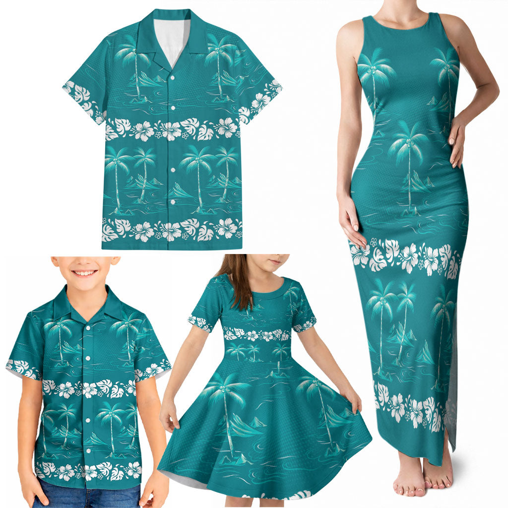 Cyan Hawaii Palm Tree Hibiscus Family Matching Tank Maxi Dress and Hawaiian Shirt Fantasy Summer Vibe
