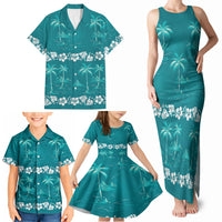Cyan Hawaii Palm Tree Hibiscus Family Matching Tank Maxi Dress and Hawaiian Shirt Fantasy Summer Vibe