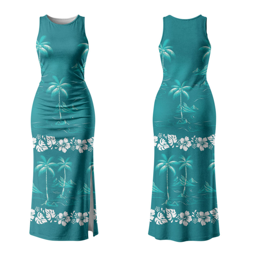 Cyan Hawaii Palm Tree Hibiscus Family Matching Tank Maxi Dress and Hawaiian Shirt Fantasy Summer Vibe