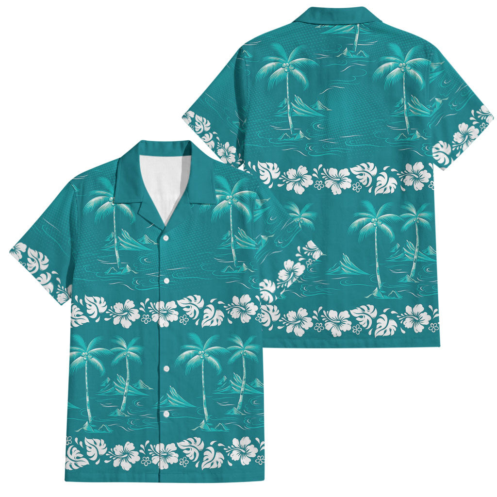 Cyan Hawaii Palm Tree Hibiscus Family Matching Tank Maxi Dress and Hawaiian Shirt Fantasy Summer Vibe