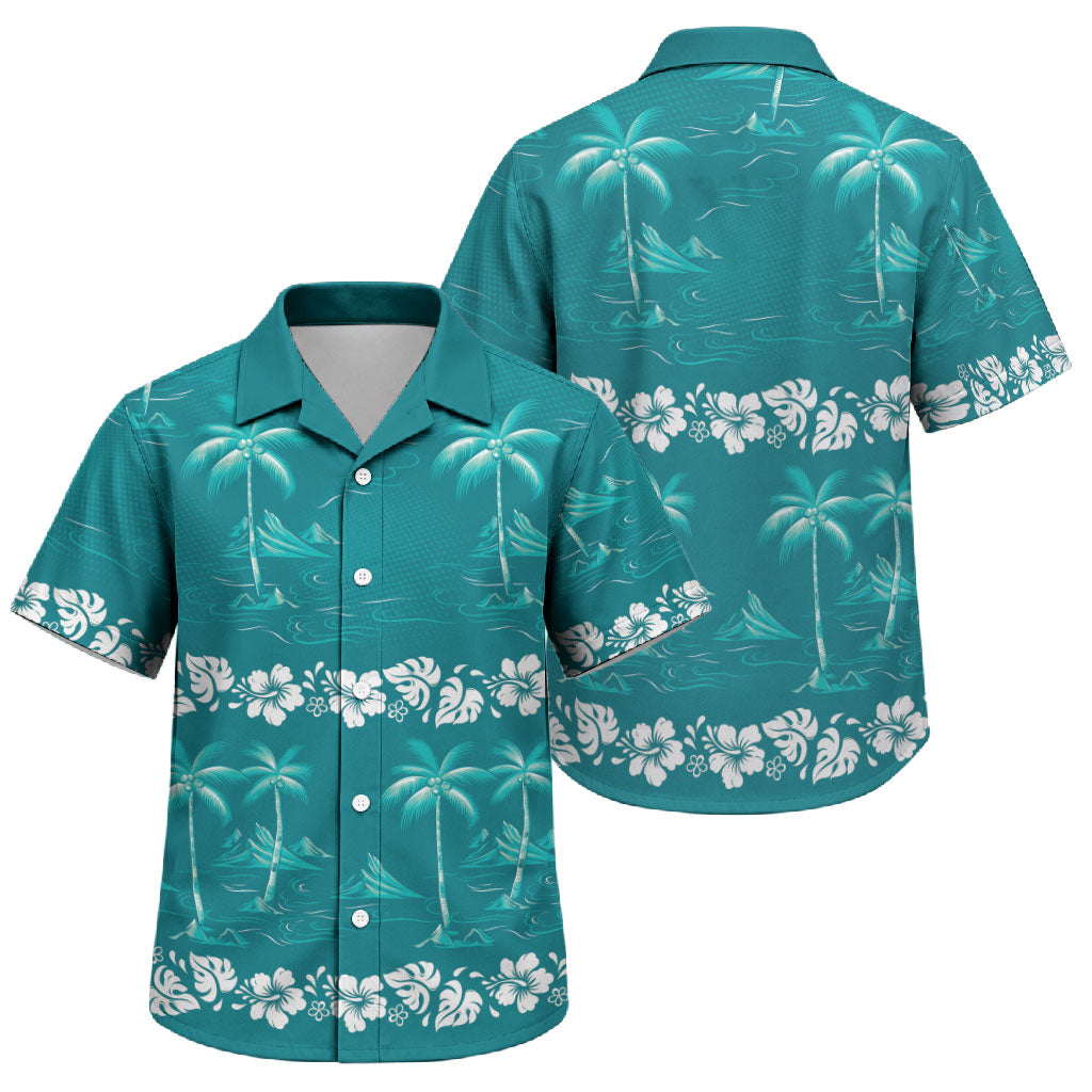 Cyan Hawaii Palm Tree Hibiscus Family Matching Tank Maxi Dress and Hawaiian Shirt Fantasy Summer Vibe