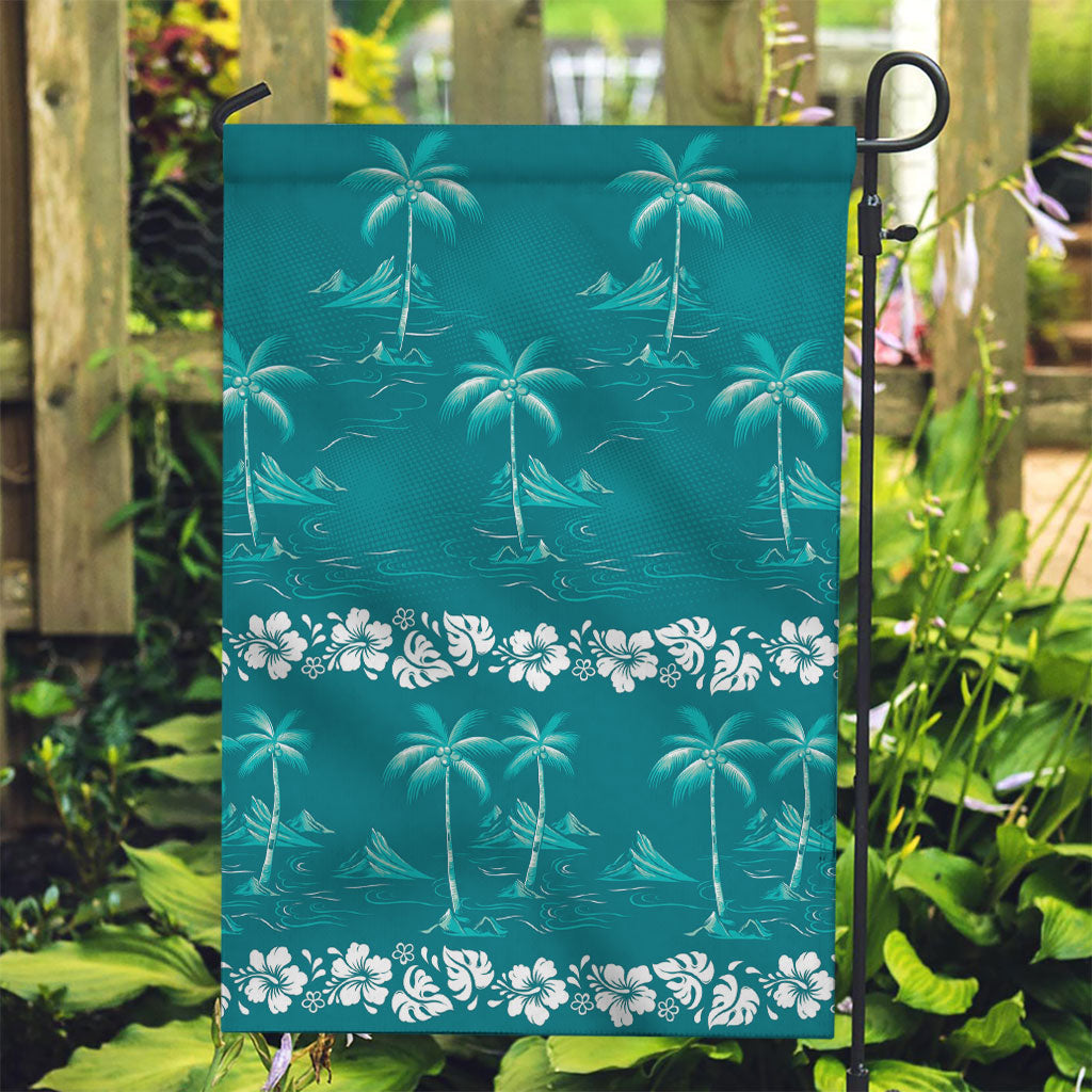 Cyan Hawaii Palm Tree Hibiscus Garden Flag Fantasy Summer Vibe