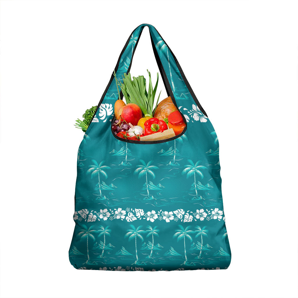 Cyan Hawaii Palm Tree Hibiscus Grocery Bag Fantasy Summer Vibe