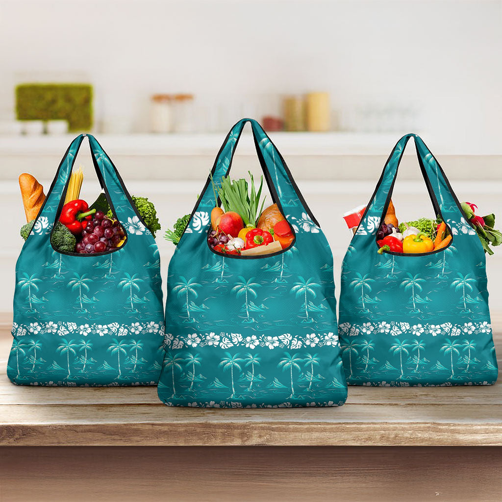 Cyan Hawaii Palm Tree Hibiscus Grocery Bag Fantasy Summer Vibe