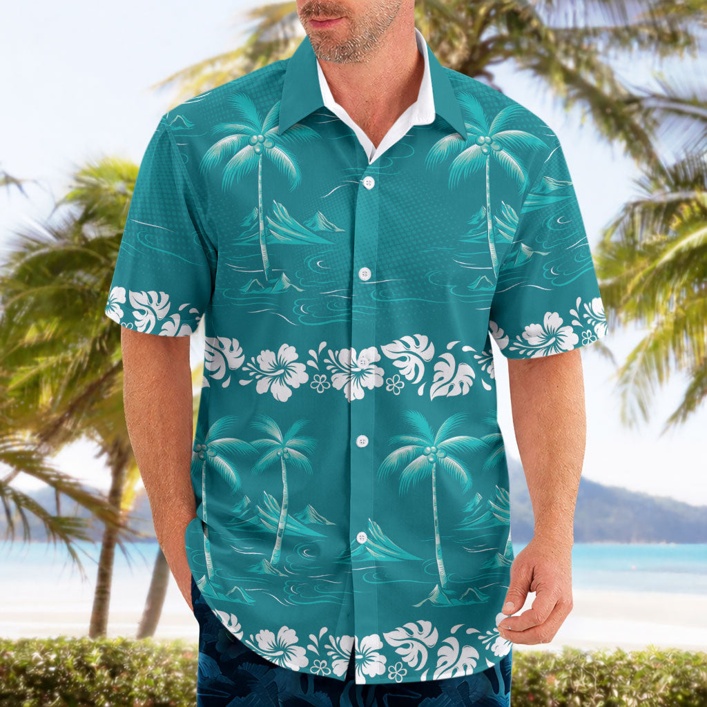 Cyan Hawaii Palm Tree Hibiscus Hawaiian Shirt Fantasy Summer Vibe