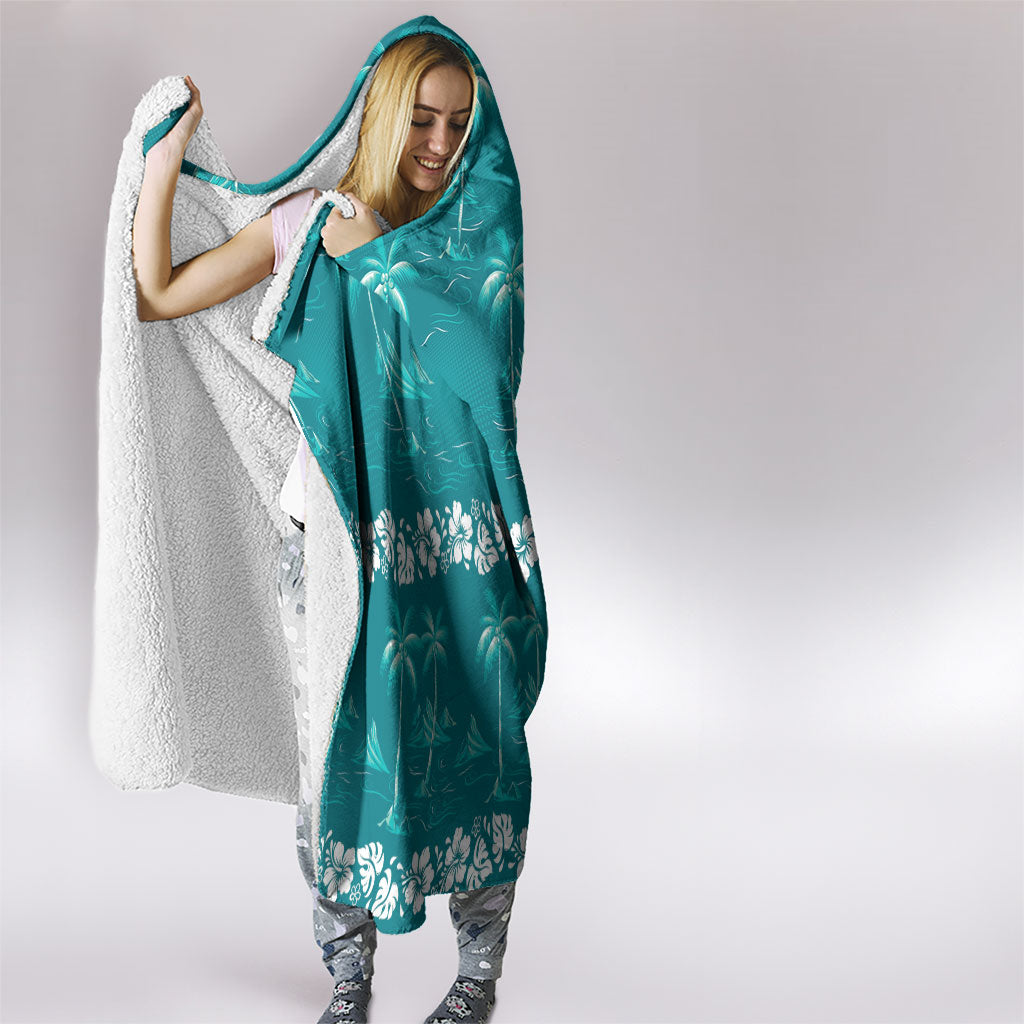Cyan Hawaii Palm Tree Hibiscus Hooded Blanket Fantasy Summer Vibe