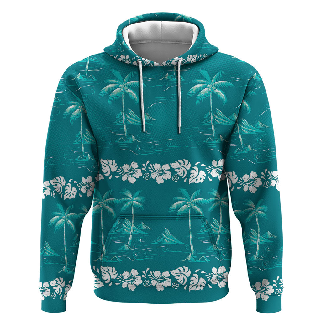 Cyan Hawaii Palm Tree Hibiscus Hoodie Fantasy Summer Vibe
