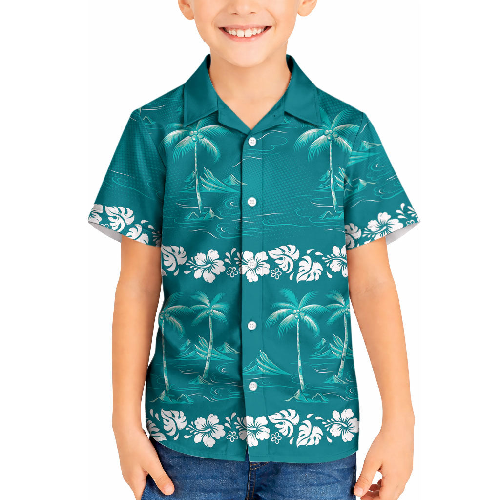Cyan Hawaii Palm Tree Hibiscus Kid Hawaiian Shirt Fantasy Summer Vibe