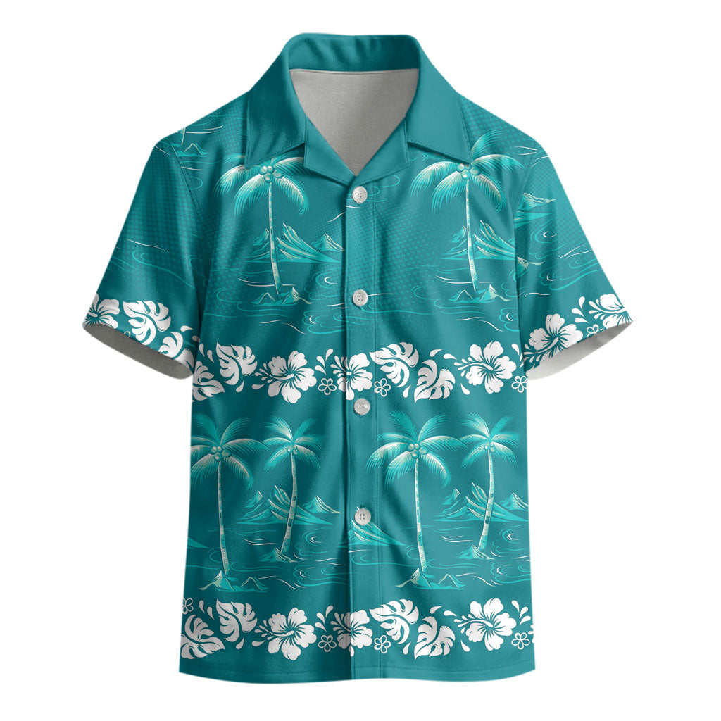 Cyan Hawaii Palm Tree Hibiscus Kid Hawaiian Shirt Fantasy Summer Vibe