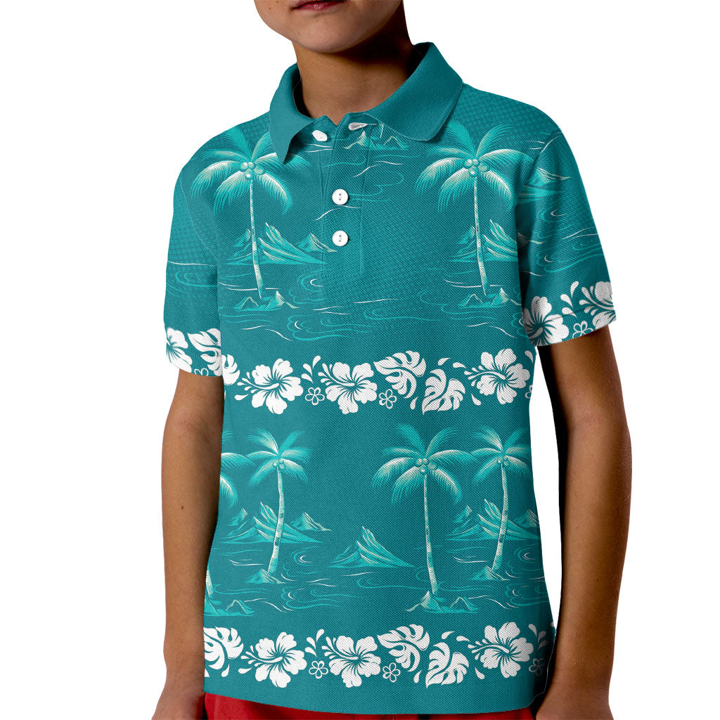 Cyan Hawaii Palm Tree Hibiscus Kid Polo Shirt Fantasy Summer Vibe