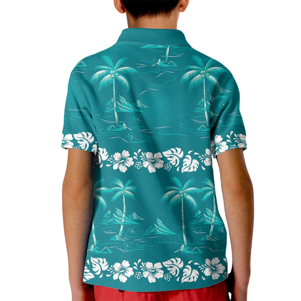 Cyan Hawaii Palm Tree Hibiscus Kid Polo Shirt Fantasy Summer Vibe