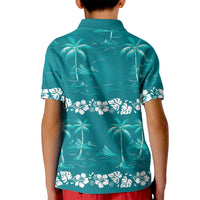 Cyan Hawaii Palm Tree Hibiscus Kid Polo Shirt Fantasy Summer Vibe