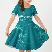 Cyan Hawaii Palm Tree Hibiscus Kid Short Sleeve Dress Fantasy Summer Vibe