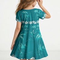 Cyan Hawaii Palm Tree Hibiscus Kid Short Sleeve Dress Fantasy Summer Vibe
