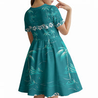 Cyan Hawaii Palm Tree Hibiscus Kid Short Sleeve Dress Fantasy Summer Vibe