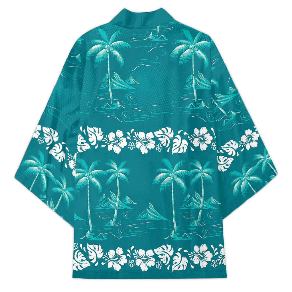 Cyan Hawaii Palm Tree Hibiscus Kimono Fantasy Summer Vibe