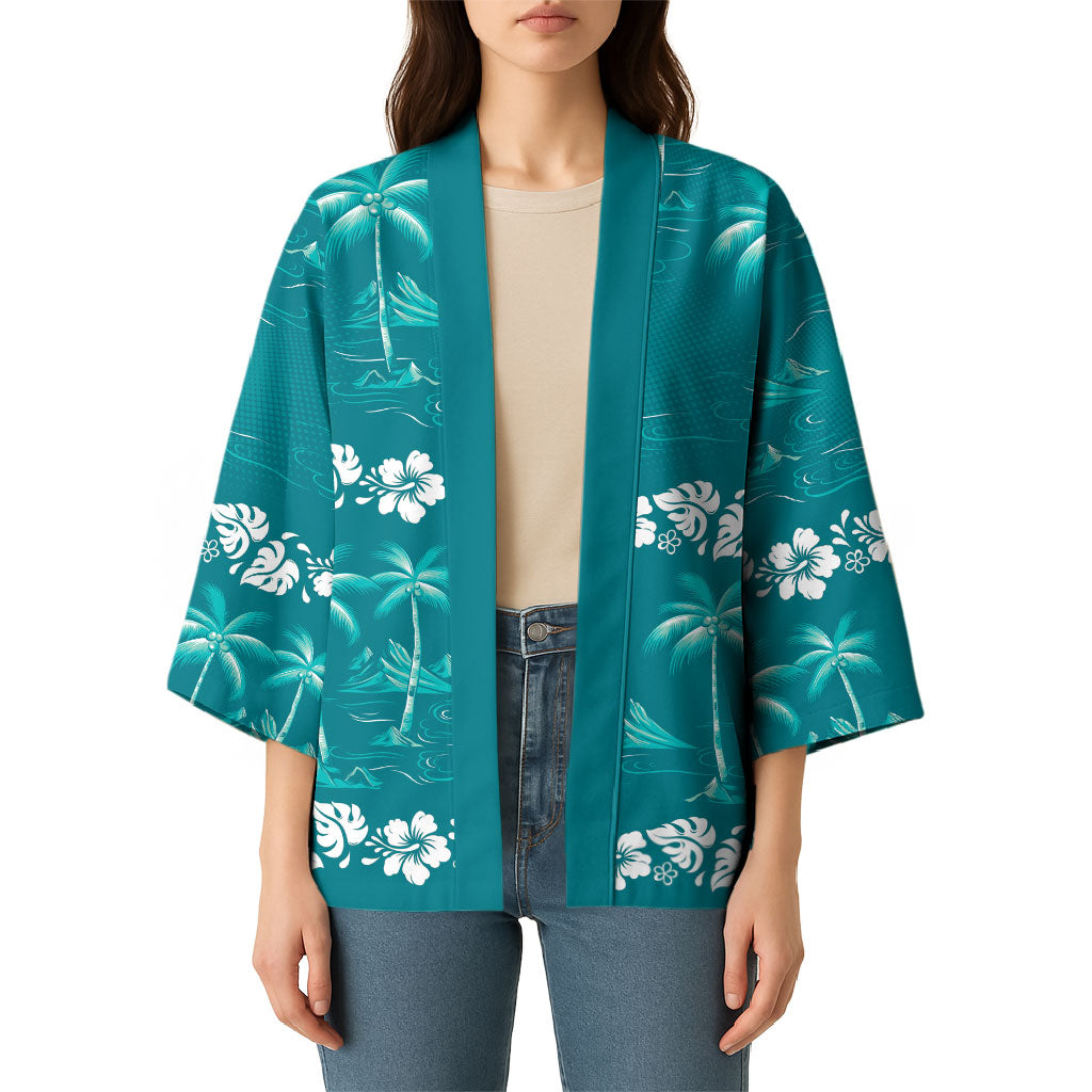 Cyan Hawaii Palm Tree Hibiscus Kimono Fantasy Summer Vibe