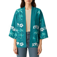 Cyan Hawaii Palm Tree Hibiscus Kimono Fantasy Summer Vibe