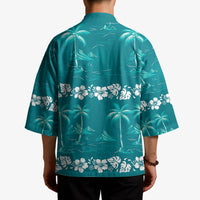 Cyan Hawaii Palm Tree Hibiscus Kimono Fantasy Summer Vibe