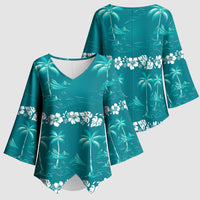 Cyan Hawaii Palm Tree Hibiscus Kimono Sleeve Blouse Fantasy Summer Vibe