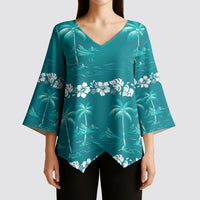 Cyan Hawaii Palm Tree Hibiscus Kimono Sleeve Blouse Fantasy Summer Vibe