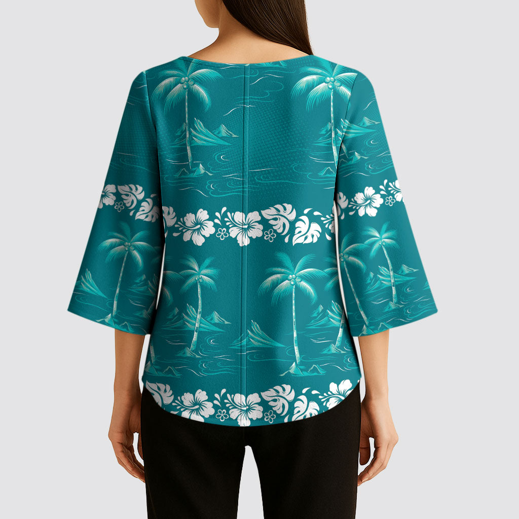Cyan Hawaii Palm Tree Hibiscus Kimono Sleeve Blouse Fantasy Summer Vibe
