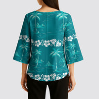 Cyan Hawaii Palm Tree Hibiscus Kimono Sleeve Blouse Fantasy Summer Vibe