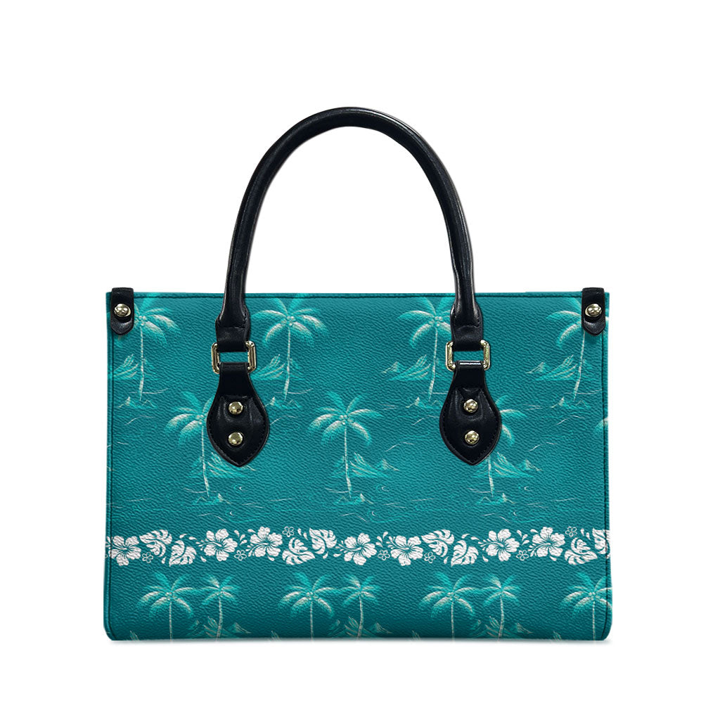Cyan Hawaii Palm Tree Hibiscus Leather Bag Fantasy Summer Vibe