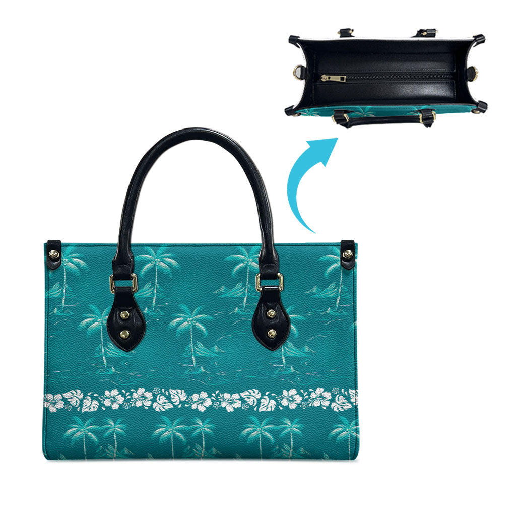 Cyan Hawaii Palm Tree Hibiscus Leather Bag Fantasy Summer Vibe