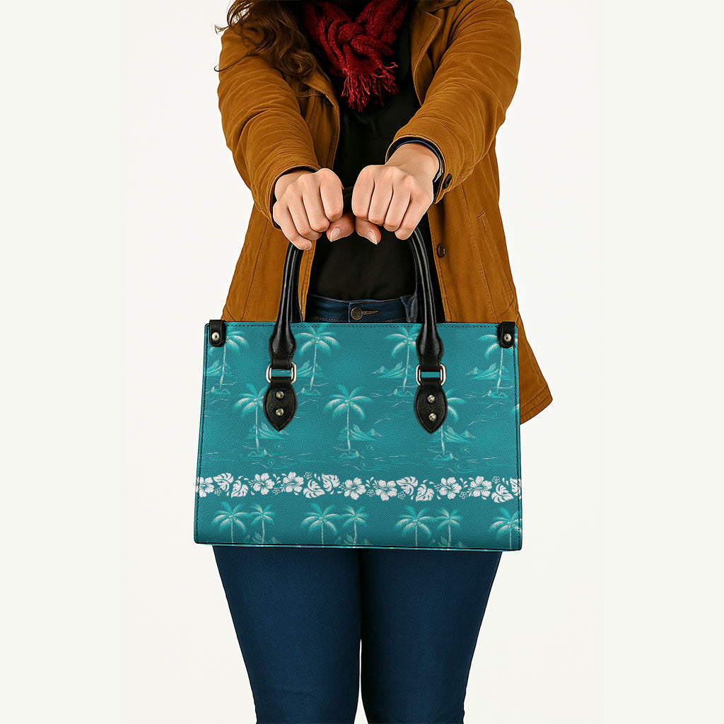Cyan Hawaii Palm Tree Hibiscus Leather Bag Fantasy Summer Vibe
