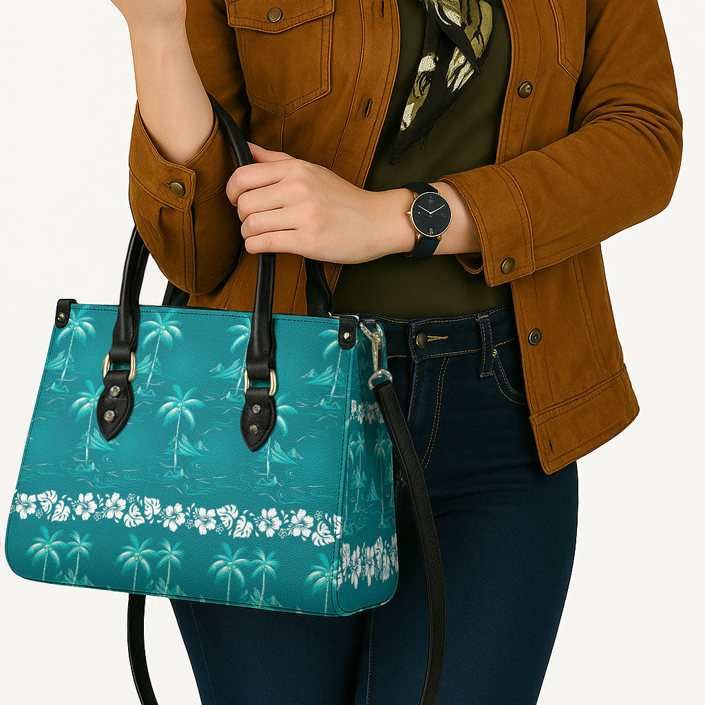 Cyan Hawaii Palm Tree Hibiscus Leather Bag Fantasy Summer Vibe