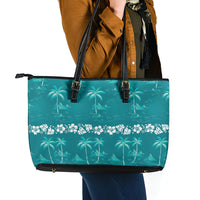 Cyan Hawaii Palm Tree Hibiscus Leather Tote Bag Fantasy Summer Vibe