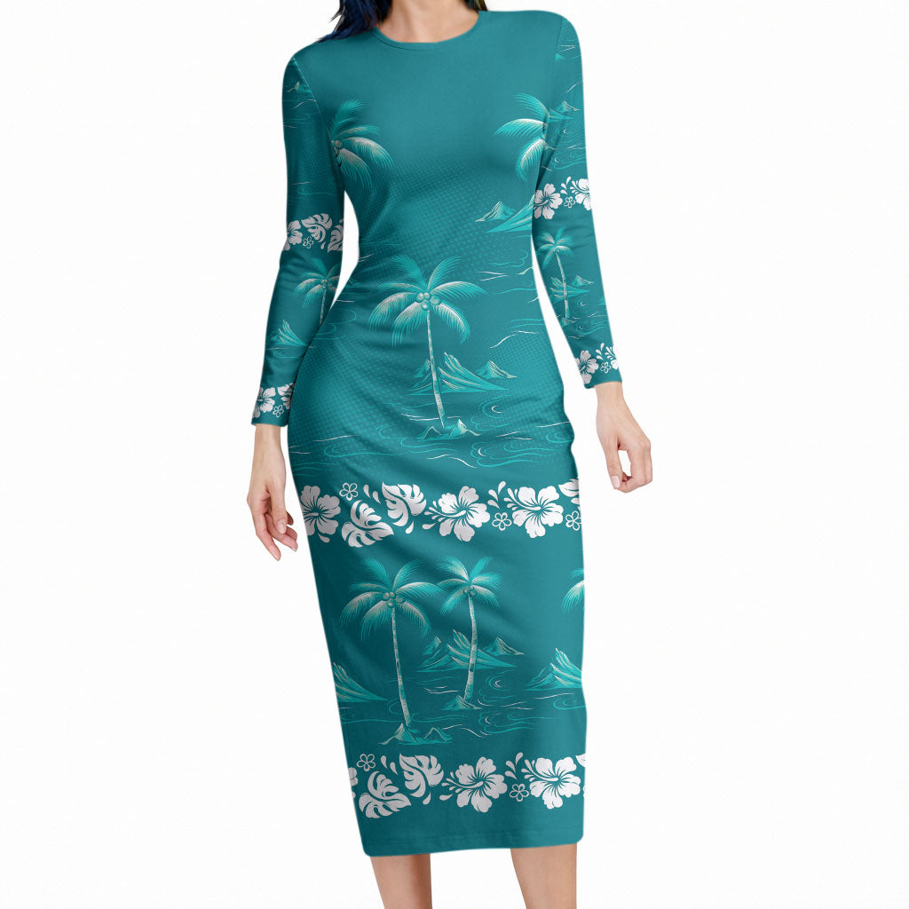 Cyan Hawaii Palm Tree Hibiscus Long Sleeve Bodycon Dress Fantasy Summer Vibe