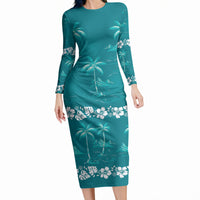 Cyan Hawaii Palm Tree Hibiscus Long Sleeve Bodycon Dress Fantasy Summer Vibe