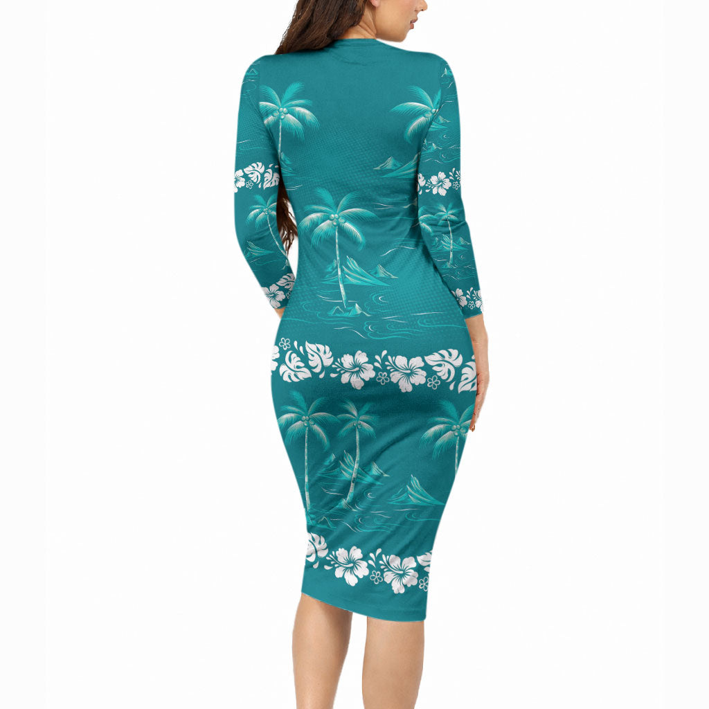 Cyan Hawaii Palm Tree Hibiscus Long Sleeve Bodycon Dress Fantasy Summer Vibe