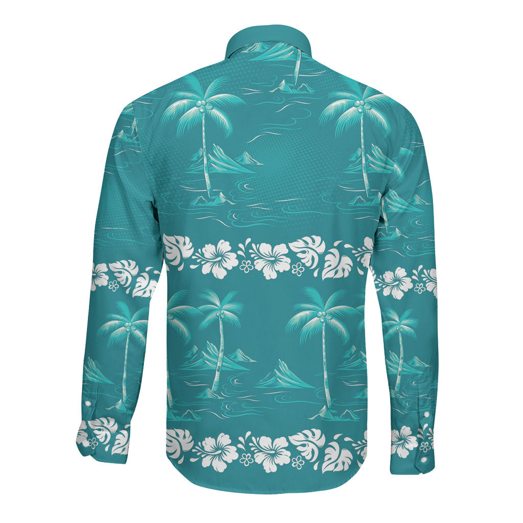 Cyan Hawaii Palm Tree Hibiscus Long Sleeve Button Shirt Fantasy Summer Vibe