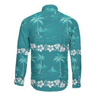 Cyan Hawaii Palm Tree Hibiscus Long Sleeve Button Shirt Fantasy Summer Vibe