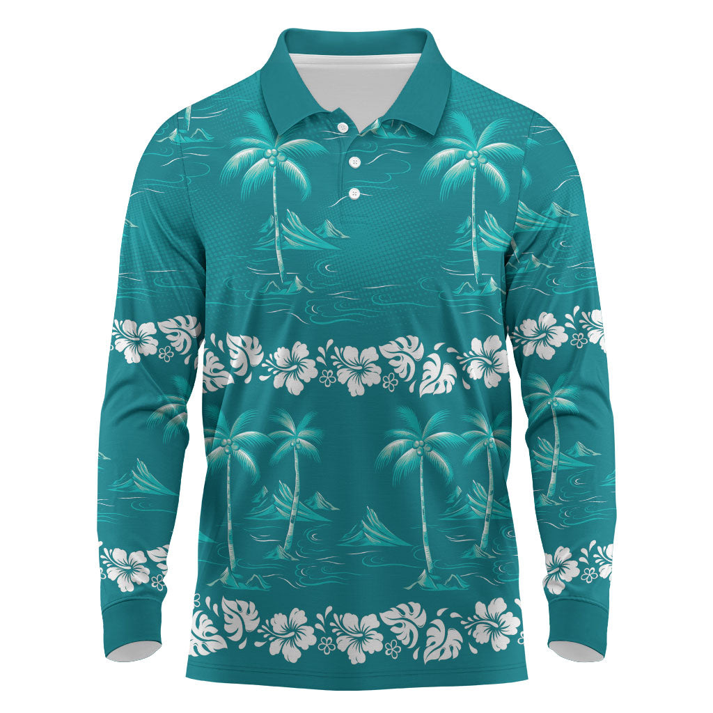 Cyan Hawaii Palm Tree Hibiscus Long Sleeve Polo Shirt Fantasy Summer Vibe